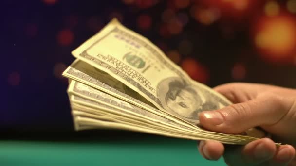 Male poker player exchanging money for game, gambling addiction, casino club — Stock Video