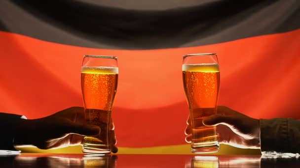 Uomini che si accarezzano bicchieri di birra, bandiera tedesca sullo sfondo, festa celebrativa — Video Stock