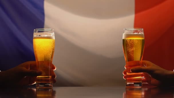 Twee mannelijke vrienden houden bierglazen, vlag Franse op de achtergrond, sportfans — Stockvideo