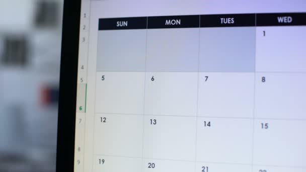Προθεσμία που έχει προγραμματιστεί στο ημερολόγιο, χέρι, τοποθετώντας το δείκτη στην οθόνη του pc, διαχείρισης χρόνου — Αρχείο Βίντεο