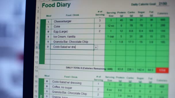 Sofrendo de anorexia pessoa manter diário alimentar on-line, contando calorias — Vídeo de Stock