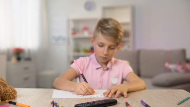 Male Kid Watching Television Instead Drawing Changing Channels Remote Control — Stock Video