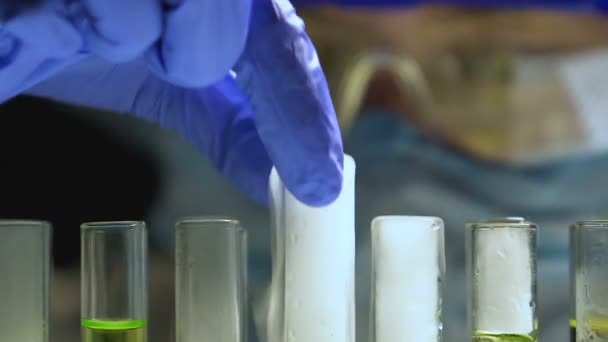 Travailleur de laboratoire prenant le tube à essai bouillant avec l'usine à l'intérieur, processus de conservation 