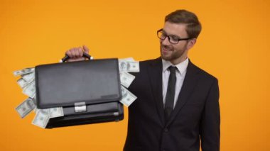 Kendine güvenen adam bavul dolusu dolar, crowdfunding gelir işaret takım elbiseli