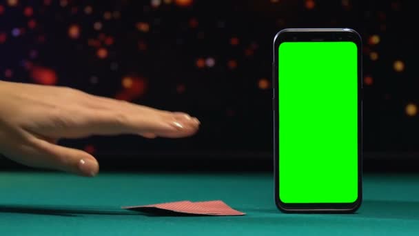 Lady opening cards showing pair of aces, online poker game, phone application — Stock Video