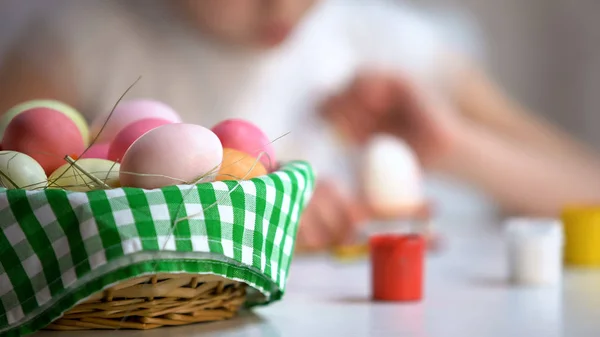 Basket Colorful Eggs Girl Painting Them Background Easter Tradition — Stock Photo, Image