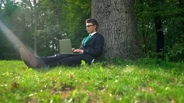 Persona Negocios Que Trabaja Ordenador Portátil Sentado Bajo Árbol Escapar —  Fotos de Stock