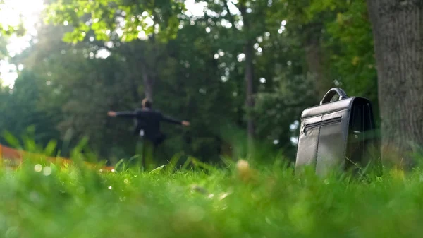 草の上に立っているブリーフケースに踊るサラリーマン — ストック写真