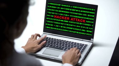 Hacker attack on laptop computer, woman working in office, cybercrime technology clipart