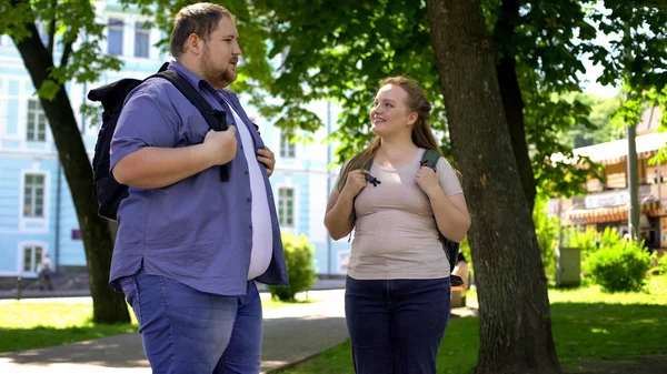 Studenti Universitari Grassi Che Parlano Sorridono Appuntamento Romantico Nel Parco — Foto Stock