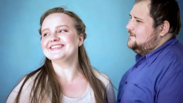 Overweight Male Making Compliment Girlfriend Feeling Happiness Good Emotions — Stock Photo, Image