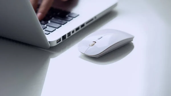 Office Male Worker Typing Laptop Wireless Mouse Table Personal Computer — Stock Photo, Image