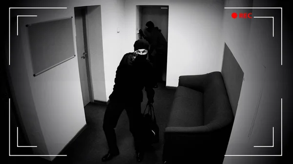 Two Men Guns Breaking Apartment Pointing Weapon Surveillance Camera — Stock Photo, Image