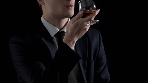 Young Successful Businessman Drinking Cognac Glass Celebrating Successful Deal — Stock Photo, Image