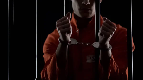 Prisoner Orange Uniform Showing Handcuffs Looking Angry Disappointed — Stock Photo, Image