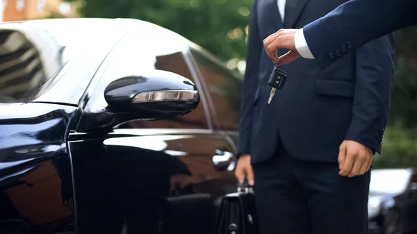 Hand Giving Car Keys Businessman Renting Luxurious Auto Trip Purchase — Stock Photo, Image