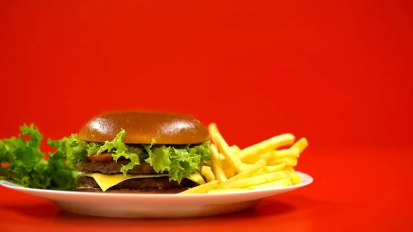 Hamburger Met Frietjes Sla Liggen Plaat Fast Food Restaurant — Stockfoto