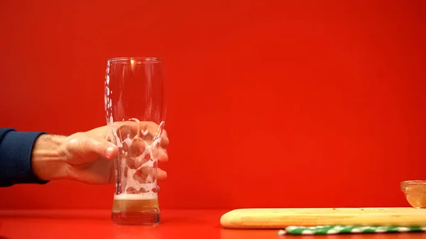 Male Hand Putting Empty Beer Glass Finishing Eating Tasty Meal — Stock Photo, Image