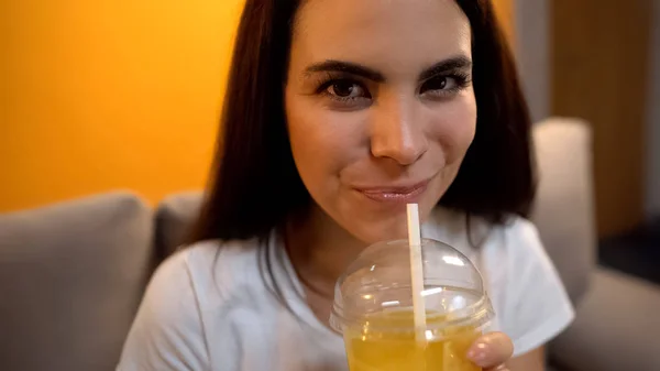 Happy Woman Holding Orange Fresh Juice Vitaminized Beverage Healthy Drink — Stock Photo, Image