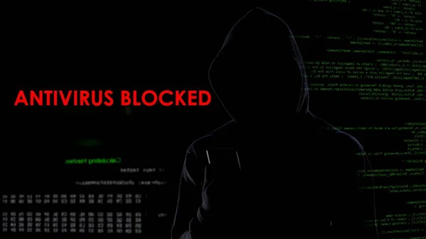 Donkere Kap Man Geblokkeerd Antivirus Infecteren Computersysteem Cyber Aanval — Stockfoto