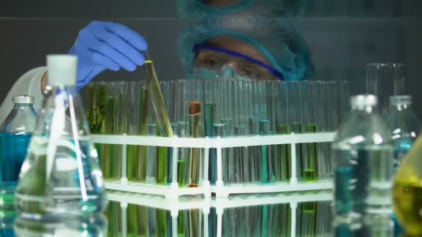 Asistente de laboratorio comparando reacción en tubos con sustancia aceitosa naranja, ciencia — Vídeos de Stock