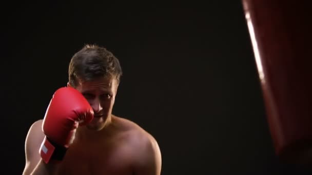 Sac de boxe boxeur professionnel, épuisé après l'entraînement, motivation — Video