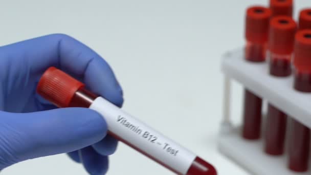Vitamin B12-Test, läkare håller blodprov i tube närbild, hälsokontroll — Stockvideo
