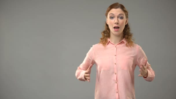 Female saying happy hanukkah in sign language, text on background, communication — Stock Video