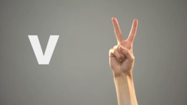 İşaret dilinde V harfi, arka planda, iletişim için sağır, ders ver.