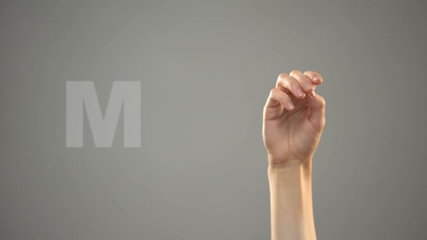 Letter M in sign language, hand on background, communication for deaf, lesson