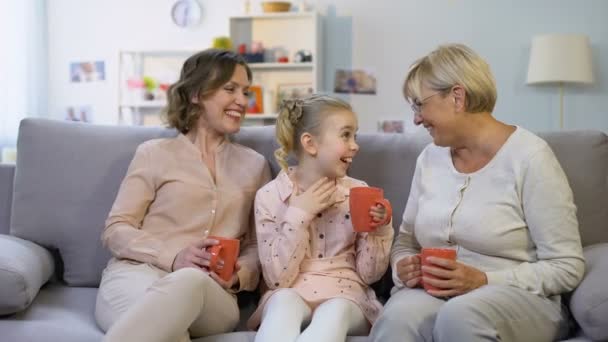 Excited girl telling mom and granny funny story about school, trusting relations — Stock Video