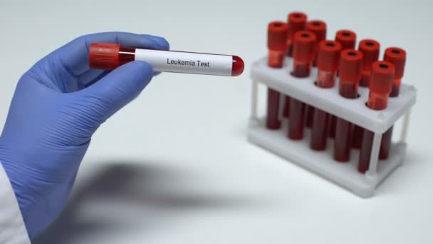 Leukémii test, lékař zobrazeno vzorku krve do zkumavky, laboratorní výzkum, zdravotní vyšetření — Stock video