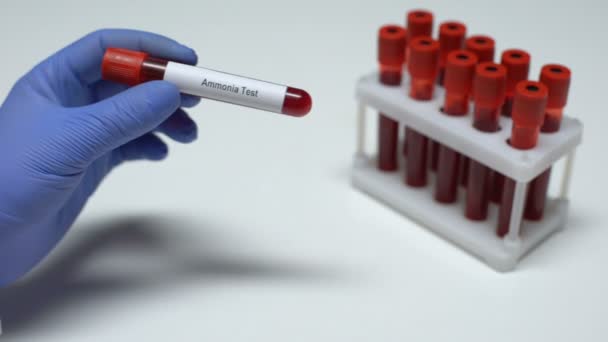 Test d'ammoniac, médecin montrant un échantillon de sang dans le tube, recherche en laboratoire, bilan de santé — Video