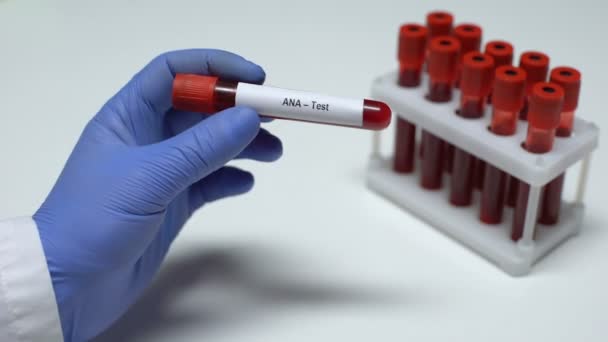 Ana-Test, Arzt zeigt Blutprobe im Röhrchen, Laboruntersuchung, Gesundheitsprüfung — Stockvideo