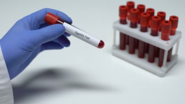 Test sifilide, medico che mostra il campione di sangue in tubo, ricerca di laboratorio, controllo dello stato di salute — Video Stock