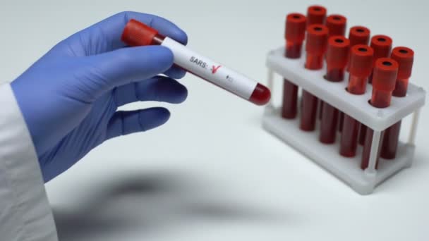 Негативний тест SARS, лікар, що показує аналіз крові, лабораторні дослідження, огляд здоров'я — стокове відео