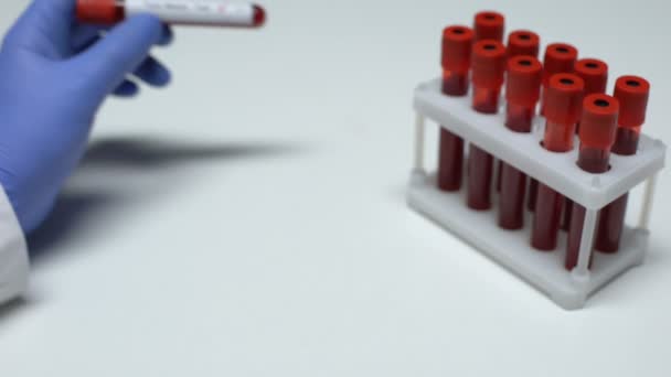Prueba de metales tóxicos negativos, médico que muestra la muestra de sangre en el tubo, investigación de laboratorio — Vídeos de Stock