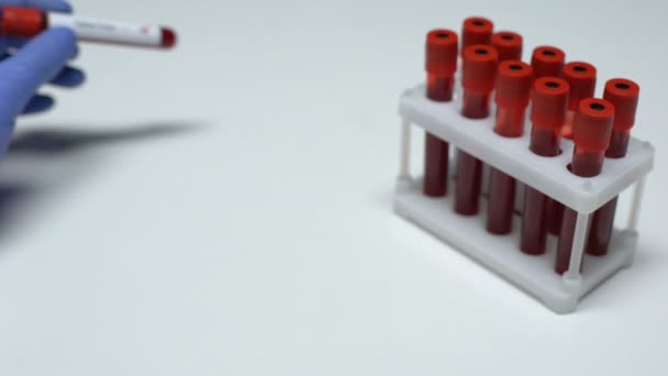 Prueba positiva de fiebre amarilla, médico mostrando muestra de sangre en tubo, investigación de laboratorio — Vídeo de stock