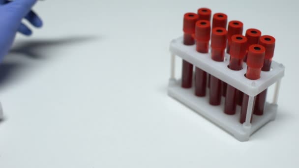 Vírus Lassa positivo, médico mostrando amostra de sangue, pesquisa de laboratório, exame de saúde — Vídeo de Stock