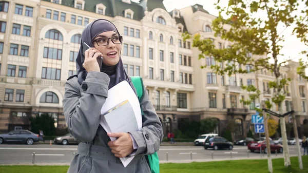 Self Confident Smiling Muslim Female Student Talking Phone Standing Street — Stock Photo, Image