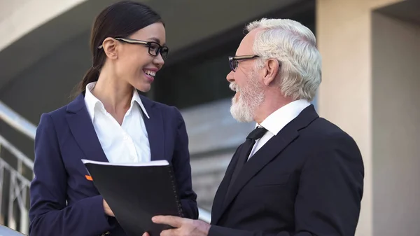 Smiling Business Partners Looking Each Other Company Manager Assistant — Stok Foto