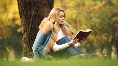 Güzel kadın bestseller sonbahar ormana, ağacın altında oturan olarak okuma hobi