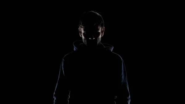 Silhouette Noire Homme Mystérieux Portant Une Cagoule Intention Commettre Crime — Photo
