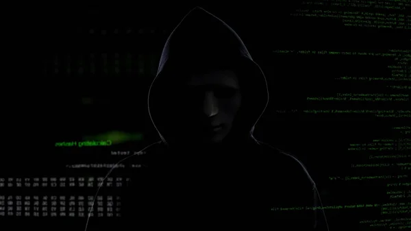 Dangerous hacker in mask and black hood, cyber terrorism and hacking concept