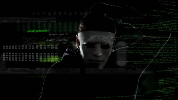 网络犯罪分子在白色面具黑客安全系统 非法活动 — 图库照片