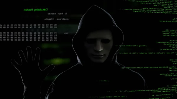 Männliche Hacker mit dunklem Hintergrund starten den Hacking-Prozess und stehlen Informationen — Stockbild Männliche Hacker Mit Dunklem Hintergrund Starten Den Hacking Prozess Und — Stockfoto