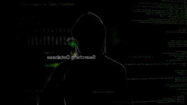 Anonymous Hacker Looking Virtual Screen Stealing Secret Data Cyber Crime — Stock Photo, Image