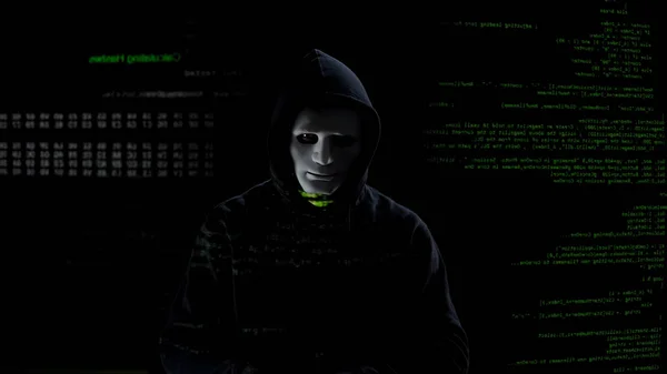 Hacker Máscara Blanca Preparándose Para Trabajar Atacando Sistema Con Código — Foto de Stock