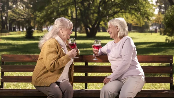 在公园快乐的黄金岁月里 两个老年妇女在长椅上喝酒聊天 — 图库照片