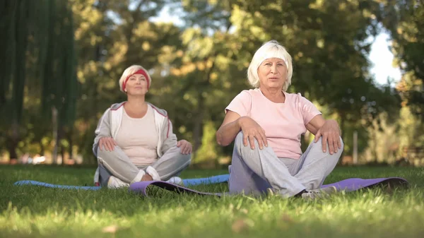 Senior Women Doing Breezing Exercises Sitting Lotus Position Park Energy — Stock Photo, Image